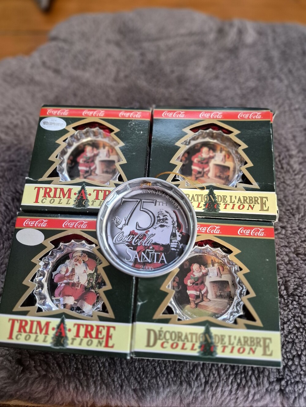 Coca Cola Green Trim-A-Tree Santa Ornament Set with Silver 75th Santa